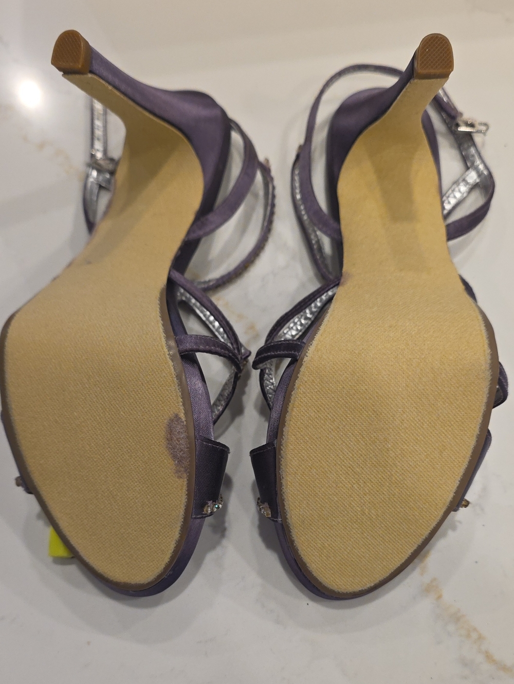 Women's Purple Lavendar Satin Strappy Evening Sandals with Rhinestone Trim - Picture 2 of 7
